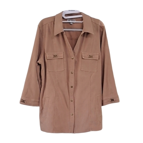 JM Collection  Women's Faux Suede Camel Brown Jacket Snap Button Front Size L - Picture 1 of 10